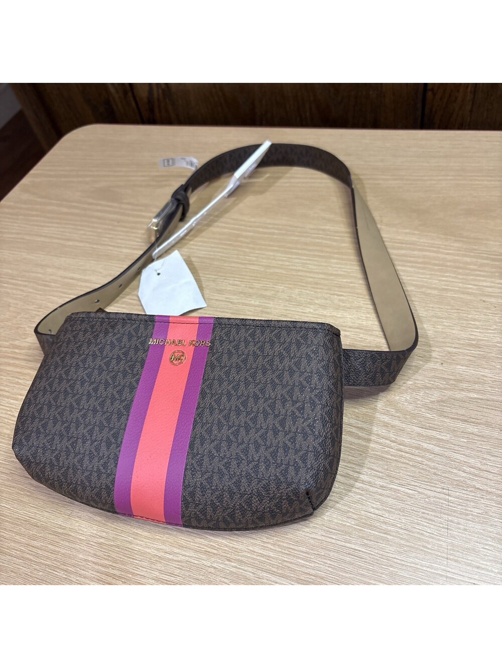 Michael Kors Brown Pink Magenta Stripe Logo Accent Gold Women's Belt/Fannie Bag